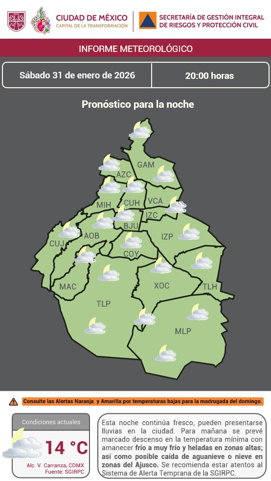 Esta noche en la Ciudad de México, continuará el ambiente #fresco; pueden presentarse #lluvias.

🌡#Temperatura actual: 14 °C.

Mantente informado. #PronósticoDelTiempo #LaPrevenciónEsNuestraFuerza