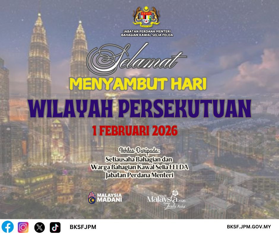 BKSF_JPM's tweet photo. Selamat Hari Wilayah Persekutuan 2026 kepada seluruh warga Kuala Lumpur, Putrajaya, dan Labuan! 🇲🇾

Selaras dengan tema tahun ini, “Wilayah Persekutuan Kita”, semoga kita terus bersatu hati dalam memacu kelestarian dan kemakmuran buat generasi masa hadapan. https://t.co/Nq1lCBOWbS