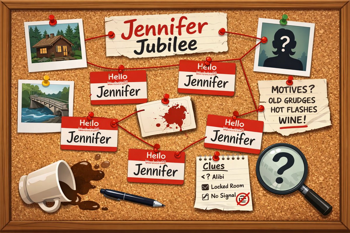 JennQGoddu's tweet photo. Midlife retreat. No escape. Too many Jennifers.
When one Jennifer is murdered at a women’s getaway in the NC woods, narrator J.B. has 24 hours to decide which Jennifer to hand to the police. #QuestPit #ComicMystery #JENNIFERJUBILEE #lockedlocation #Q #A https://t.co/0NaA0UCSDD