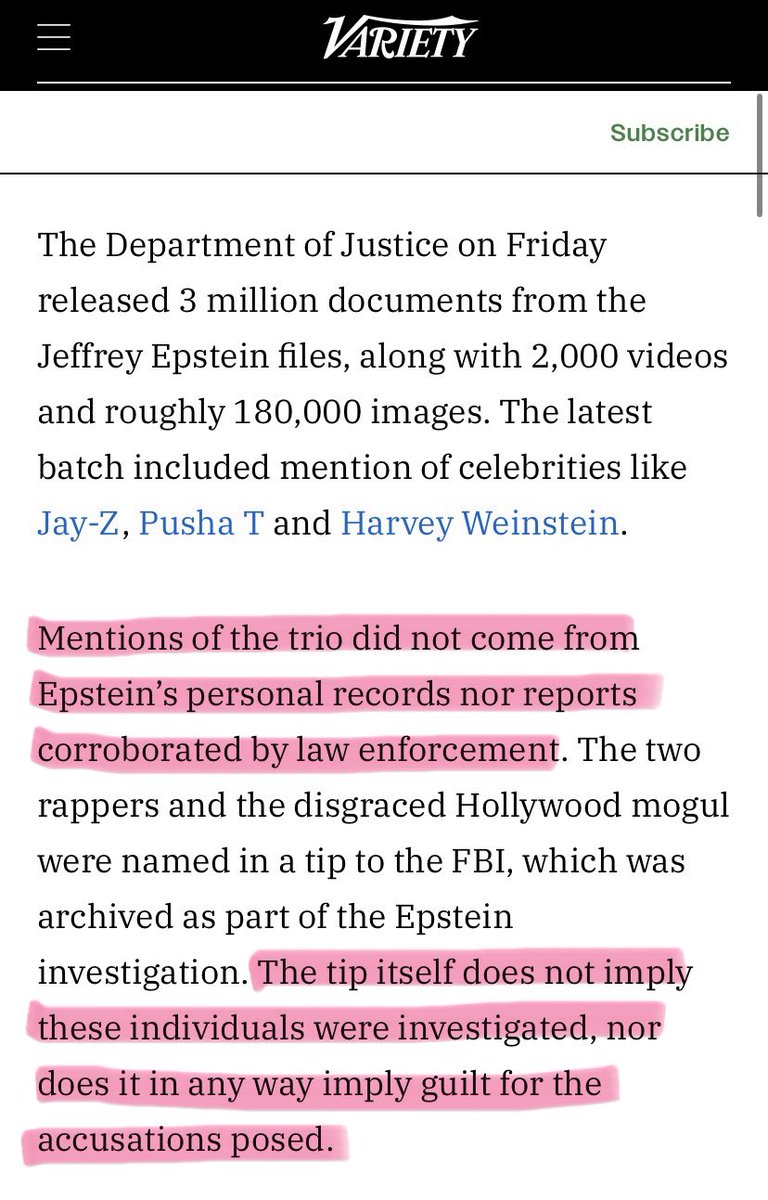 🚨ANOTHER ONE 🚨

<a href="/Variety/">Variety</a> also clocks the lies &amp; defamation that has been spread about Jay Z and confirms that the “Epstein files” comes from an FBI intake/crisis reports, made by members of the public to the FBI anonymous hotline. 

Once again Hov’s name has been Cleared