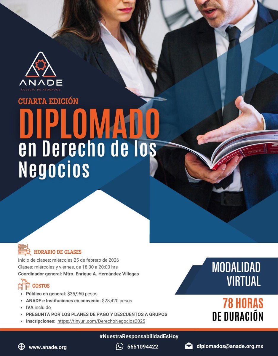 🔊 Diplomado en Derecho de los Negocios de <a href="/ANADEcolegio/">ANADE Colegio</a>. 

¿Estás listo? 

Las mejores decisiones profesionales no se postergan. 

🗓 Inicia 25 FEB 2026 
💻 Virtual 
⏱️ 78 horas
👉Inscríbete en el siguiente link: lnkd.in/gjnjawYu