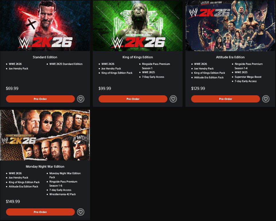 Seems pointless to add three extra tiers of WWE 2K26 if all 3 are just going to be slightly modified digital editions. If they made the $150 edition a boxed collection with an extra physical item it would be so much more appealing to the generation this game is trying to attract.