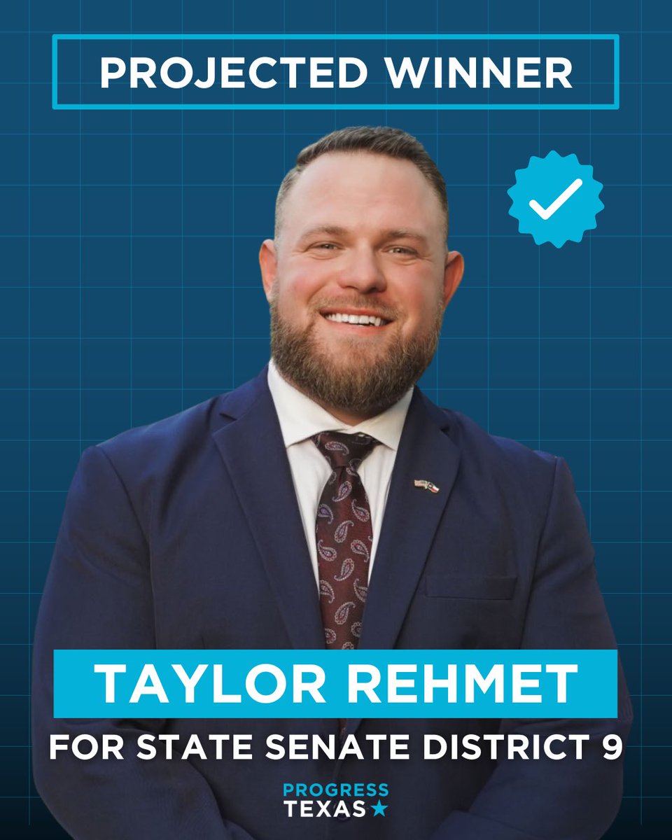 BREAKING: Texas Democrat Taylor Rehmet WINS Special Election runoff against Trump-endorsed and Patriot Mobile-funded Leigh Wambsganss in once deep red SD 9. This red to blue flip is HUGE. <a href="/TaylorRehmetTX/">Taylor Rehmet</a>