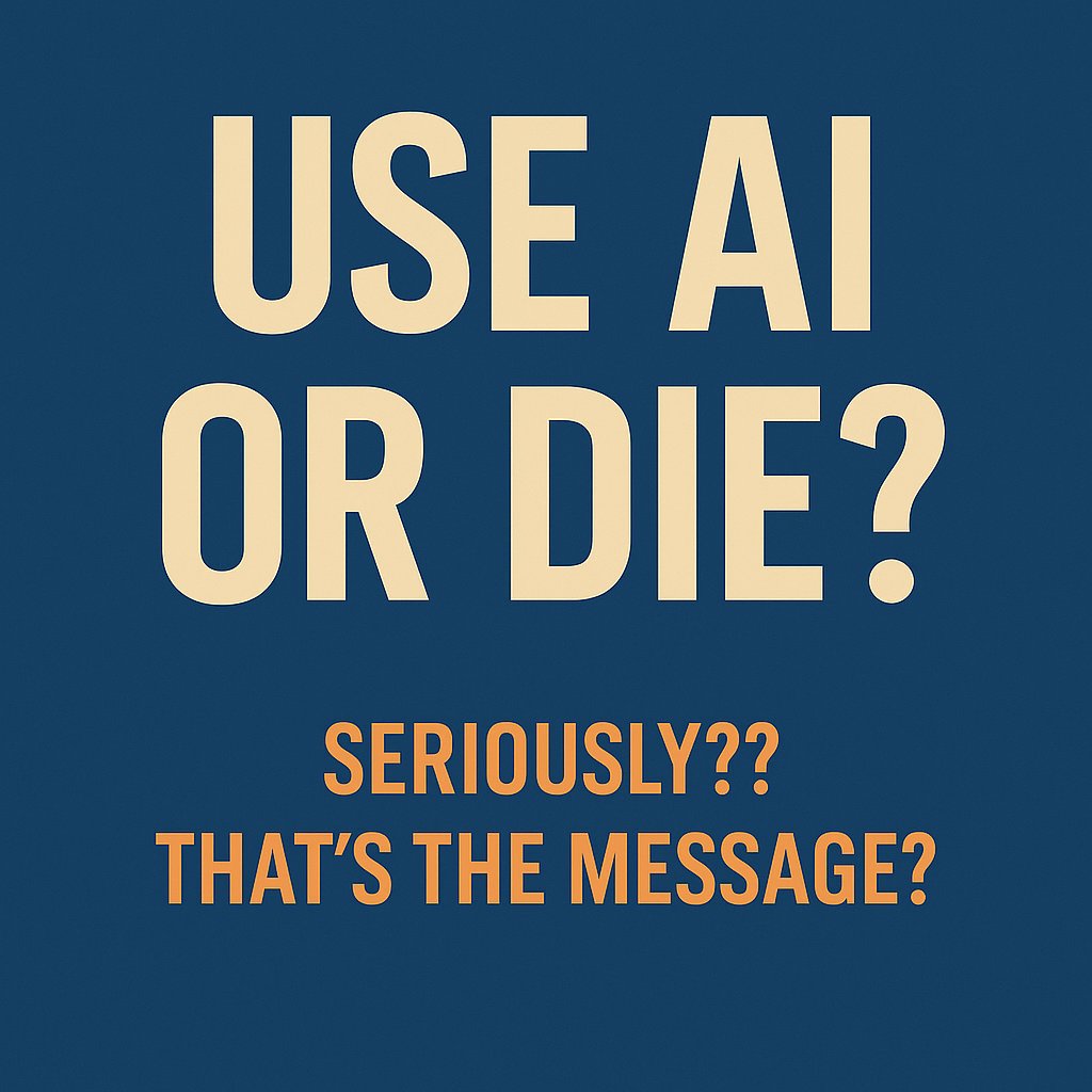 one_by_cos's tweet photo. I just saw one sponsored ad by one of the "famous" vibe coding startups, with this line "Use AI or Die". Yes, you read it right, Use AI or Die.

Seriously?? When did we let fear become the face of innovation?

I am all in for AI. I admire the progress, transformation etc. I am also building with it, learning, unlearning, and adapting every single day. But there is a difference between evangelizing technology and weaponizing it emotionally.

We are NOT dying if we don't build our first AI agent. We are NOT obsolete because we are still writing code the old way. Transformation is a journey, not a switch.

If your product’s growth depends on scaring people, maybe you need to rethink your product, not your audience. We don't need panic to evolve.

We need curiosity, courage, and care. Stop spreading fear and let's evolve together. And please talk innovation if you are marketing such AI tools 🙏 

#AI #EmpathyInTech #Ethical #Marketing #AIAdoption #Leadership #LearningCulture