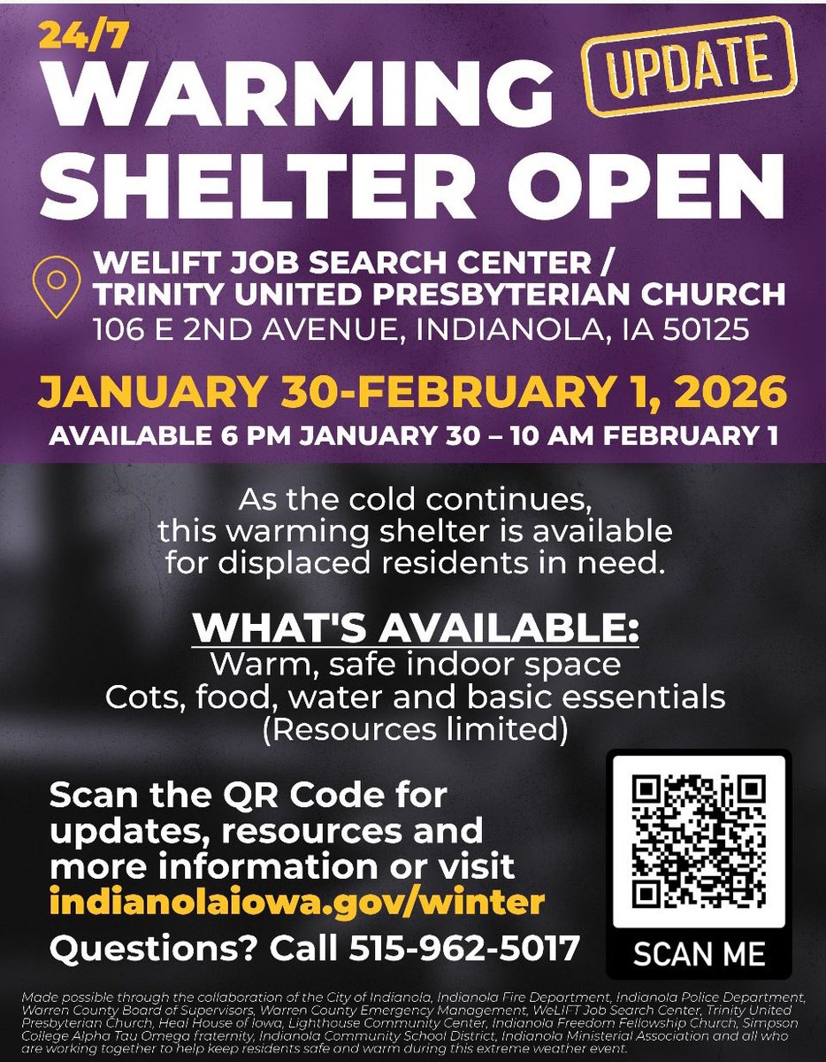 With cold temperatures ahead, WeLift’s warming center is open to help keep you safe and out of the cold. See information flyer for details.