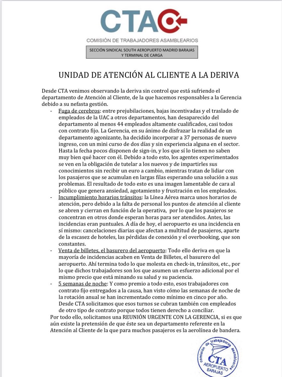 ‼️Desde CTA hemos solicitado una REUNIÓN #URGENTE  con Gerencia‼️
El departamento de Atención al cliente está abandonado a su suerte. 
👉 Fuga de personal cualificado.
👉 Incumplimiento horario de tránsitos.
👉 “Venta de billetes”: cajón desastre del aeropuerto.
👉 5 turnos Noche