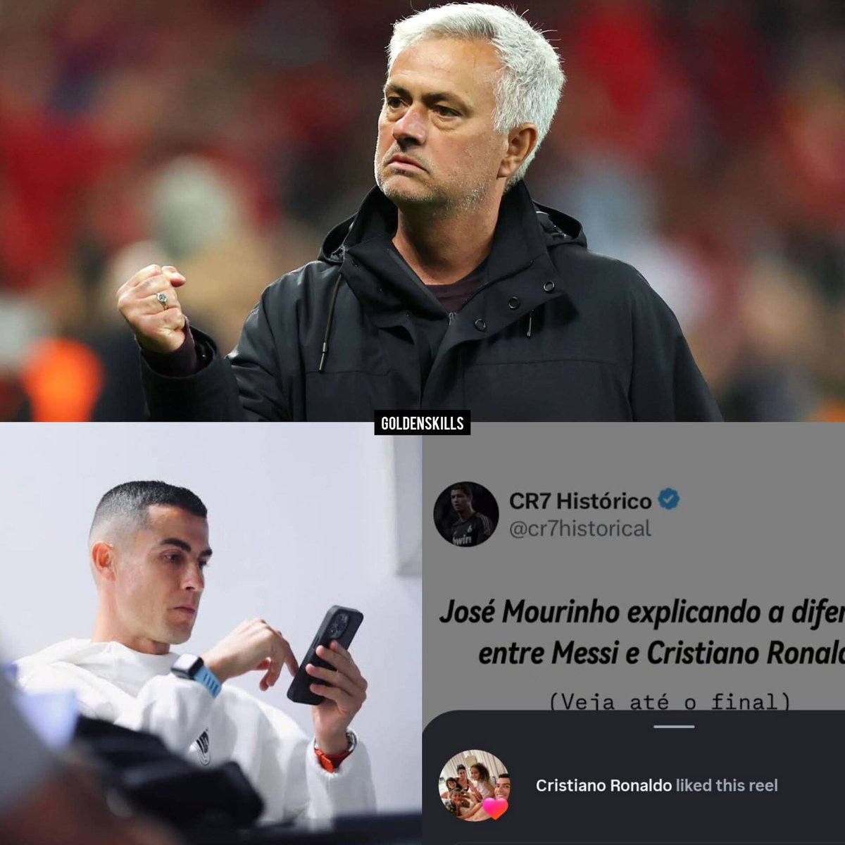 ⚠️ Cristiano Ronaldo dio LIKE a un vídeo de Instagram donde José Mourinho explica por qué es más difícil ser Ronaldo que Messi. 

La cita de Mourinho: “Sigo diciendo que es más difícil ser Cristiano que ser Messi. Messi creció en el equipo en el que juega, con los compañeros con