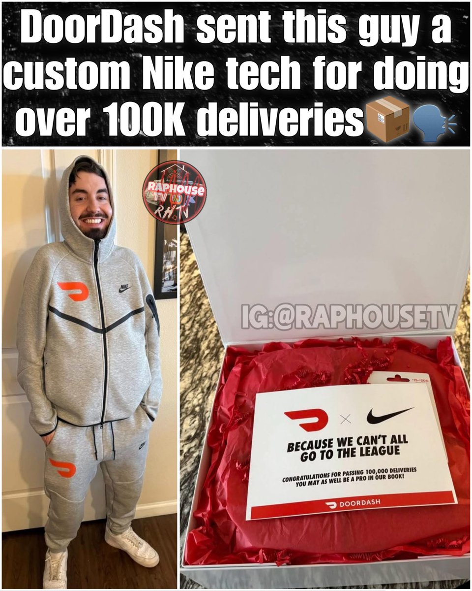 raphousetv2's tweet image. DoorDash sent this guy a custom Nike tech for doing over 100K deliveries😳📦
