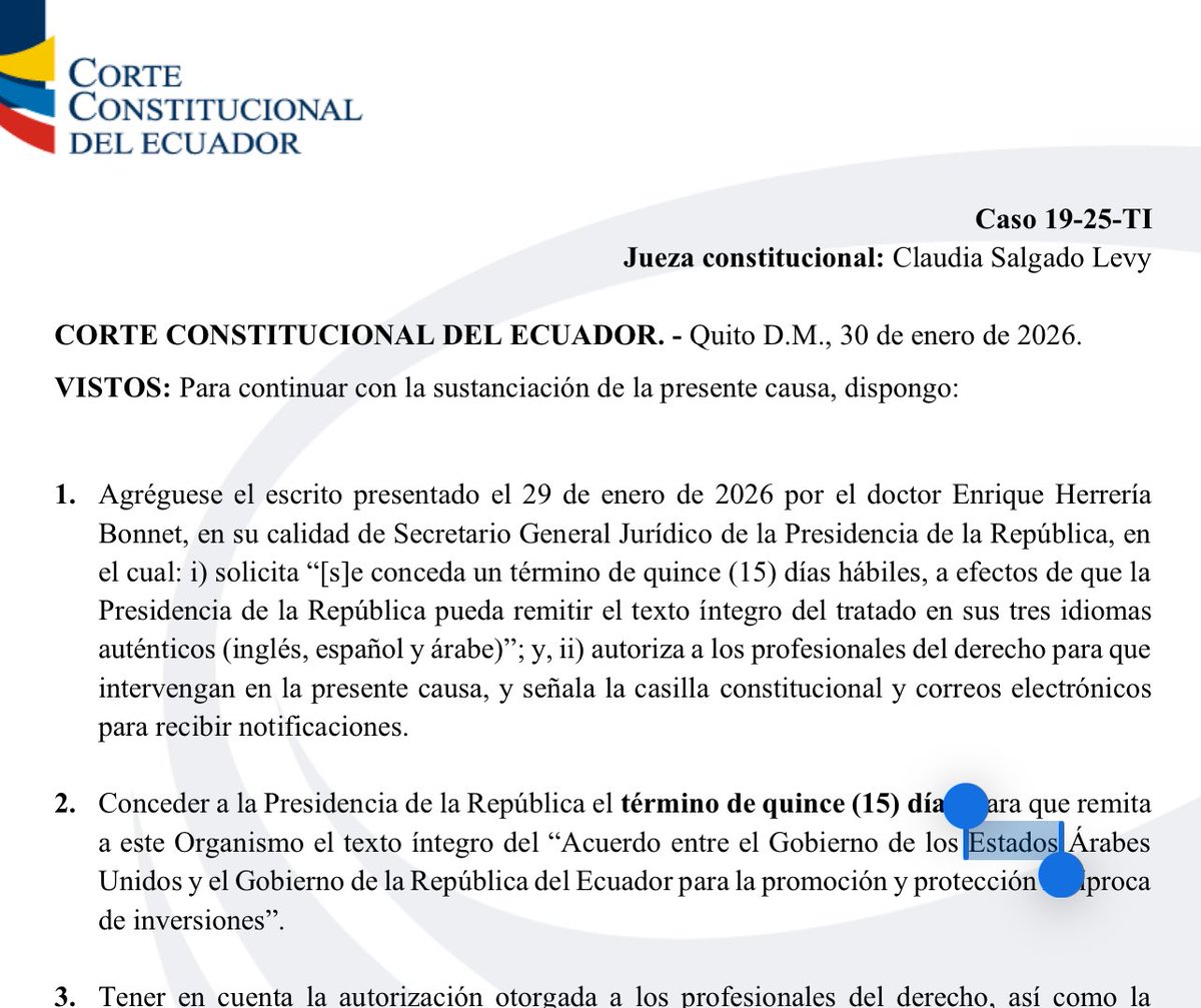 Claudia Salgado le sigue haciendo el juego a Noboa. 

Una gestión deplorable. Se deja maniatar por Herrería. Ella le da tres días y él le pide quince. 

Pero además, Salgado sigue denominando al tratado como acuerdo con el país inexistente de los ESTADOS Árabes Unidos.