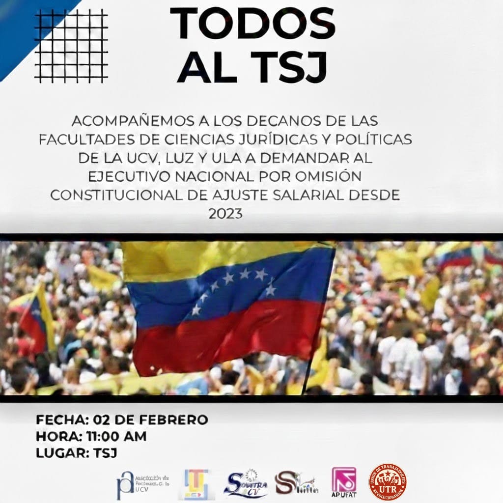 TODOS AL TSJ | Los  revolucionarios acompañaremos a los decanos de las Facultades de Ciencias Jurídicas y Políticas de la UCV, LUZ y ULA para demandar al ejecutivo nacional por omisión constitucional de ajuste salarial desde 2023. 
🗓️  2 de febrero 
🕚 11:00 AM
📍TSJ

#TodosAlTSJ