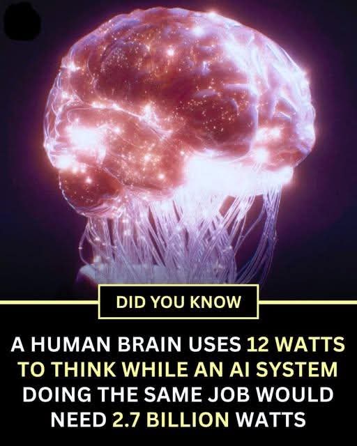 AstronomyVibes's tweet image. 🚨 Your brain is running on just 12 watts right now while processing this sentence. An AI system would need 2.7 billion watts to do the same thing.

That's not a typo. The human brain operates on roughly the same amount of power as a dim light bulb, yet it can recognize faces,…