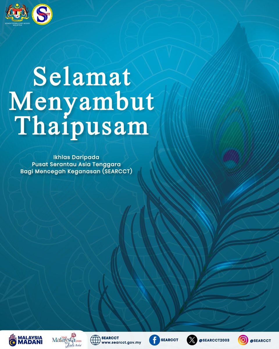 searcct2003's tweet photo. SEARCCT ingin mengucapkan Selamat Hari Thaipusam kepada seluruh rakyat Malaysia yang meraikannya 🦚

Mari kita raikan kepelbagaian Malaysia dengan semangat saling menghormati dan bersatu padu

#RancakkanMadani #MadaniBekerja #TaatSetia #WismaPutra #SEARCCT https://t.co/tAnB2lb3kE
