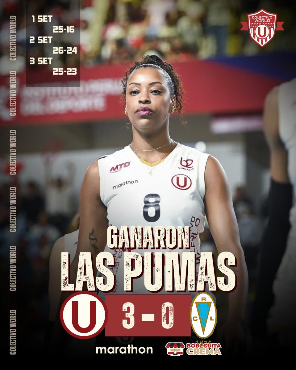 ¡TRIUNFAZO DE LAS PⓊMAS! 🏐

<a href="/VoleyU1924/">Universitario Vóley</a> se llevaron una gran victoria frente a Regatas Lima.

🔢 Marcador Final: Universitario 3 - 0 Regatas Lima

📊 Parciales: 25-16 | 26-24 | 25-23

¡Esa es la actitud, chicas! ❤️💛

#Universitario #PumasConGarra #GarraCrema