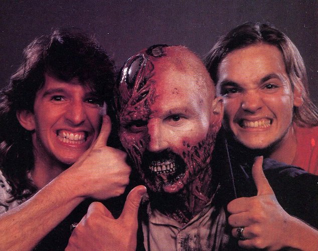 Makeup FX legends Tony Gardner and Chet Zar with Liam Neeson as Peyton Westlake on the set of Sam Raimi's DARKMAN (1990)