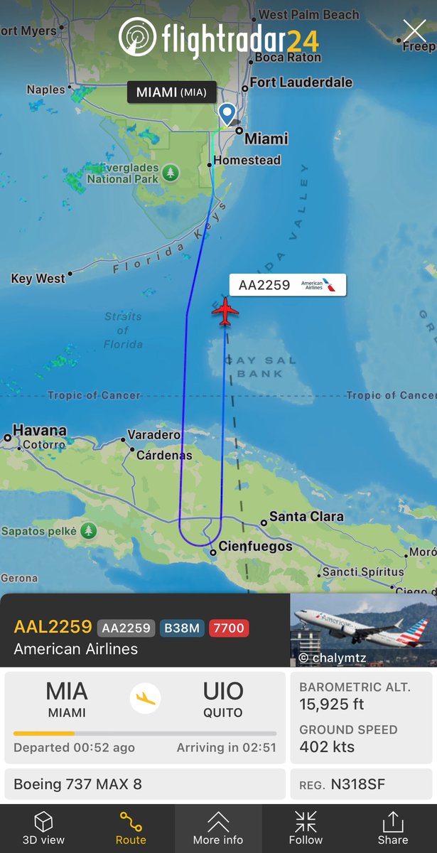 flightradar24's tweet photo. #AA2259 from Miami to Quito squawking 7700 and returning to Miami due to a disruptive passenger. 
https://t.co/SJxyNwD3WU https://t.co/sJMPl2GrtM