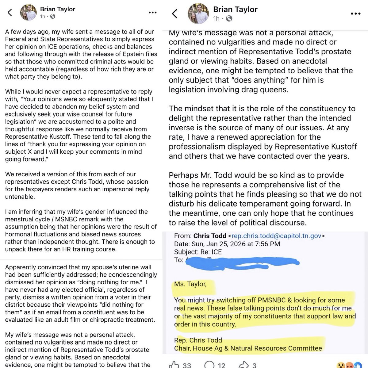 A west TN resident’s wife emailed her reps with concerns about ICE &amp; Epstein files — <a href="/RepChrisTodd/">Rep Chris Todd</a>’s response was to tell her to “switch off PMSNBC” and look for some “real news” (Newsmax/Fox/OANN?🙃) claiming a lawless regime represents “law &amp; order” 

Stay classy, Chris Todd