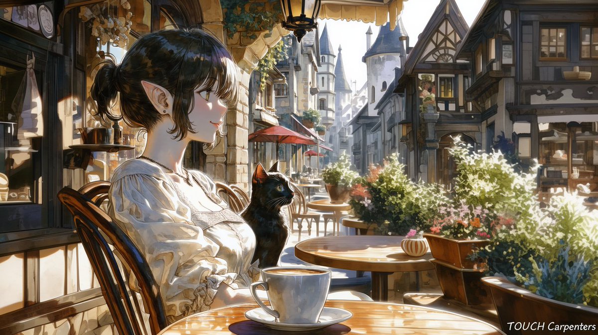TCGlimmer's tweet photo. In the city, start with a quiet cup of coffee, then choose how gently today will flow.
街の暮らしの中で、まずはコーヒーを一杯。今日はどうやってゆっくり過ごそうか。

#AIart #AIイラスト #Midjourney #イラスト #illustration #characterdesign #DnD #fantasy #少女 #girl #beauty #elf #エルフ #relaxing #リラックス #mage #cat #猫