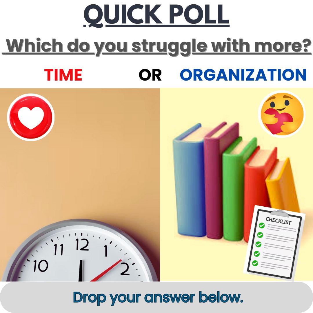 VA_Jaycille's tweet image. Quick Poll. Which do you struggle with more, time or organization? 
Drop your answer below.
#FounderLife #WorkChallenges