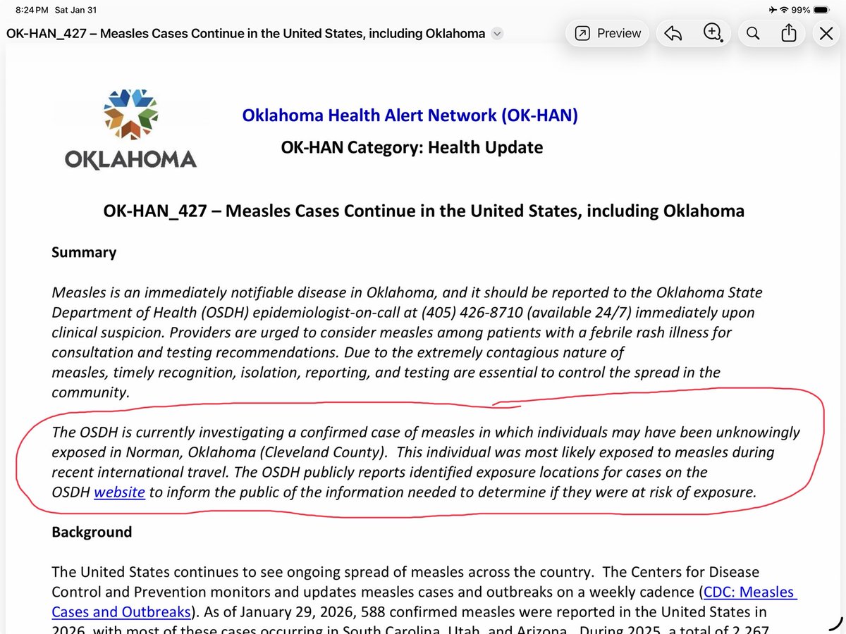GeorgeMonks11's tweet photo. 🔴Oklahoma is the only State in the United States that refuses to share what counties measles cases are from. States like Texas and New Mexico release that information twice a week.
🔴What we do know is that this measles case in Norman was unvaccinated and had recent international travel.