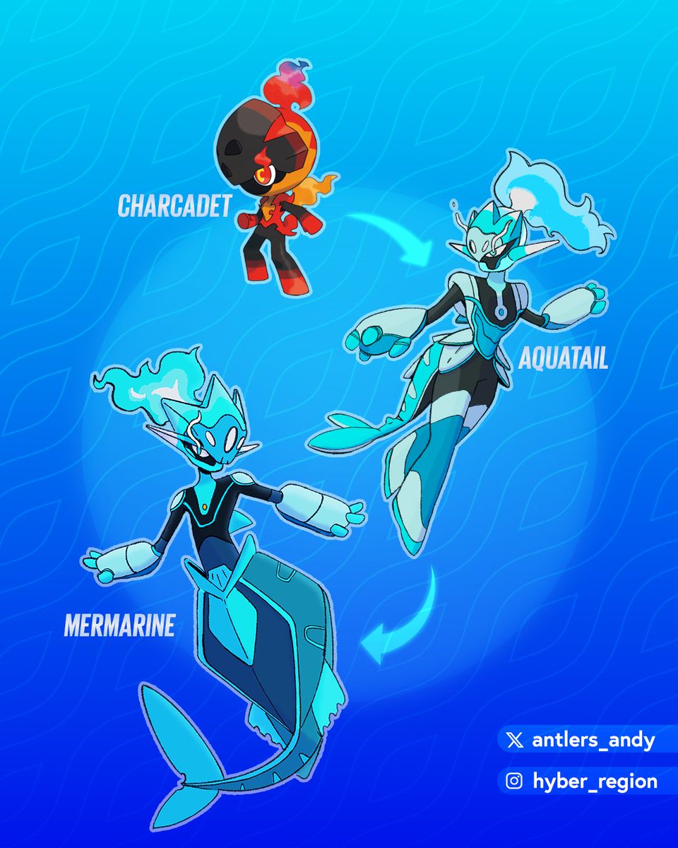 My take on a water/fire line for charcadet for  <a href="/PragMagiks/">Brandon 🍉</a>’s #splitevoevo fakemon competition! Hopefully not too late!