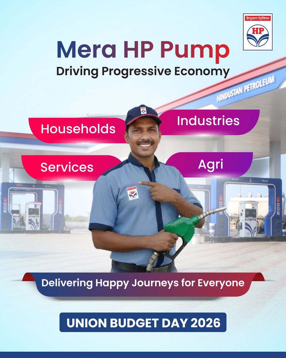 hpcl_retail's tweet image. Every refuel powers India’s growth.
From households to highways, farms to factories, @HPCL's retail network keeps the economy moving-delivering happy journeys for everyone.

#HPCL #HPRetail #MeraHPPump #BudgetDay #FuelingProgress #UnionBudget2026