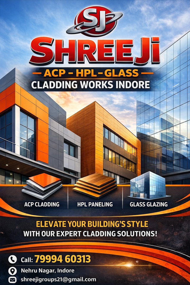 Sandeepsoni4u's tweet photo. We provide professional ACP, HPL &amp; Glass Cladding Works
Delivering quality, durability &amp; modern facade solutions
📍 Indore (M.P.)
Let’s build stronger &amp; smarter exteriors

#Shreejiacp
#ACPCladding
#HPL
#GlassCladding
#FacadeWork
#IndoreBusiness https://t.co/gl1lsexXaB