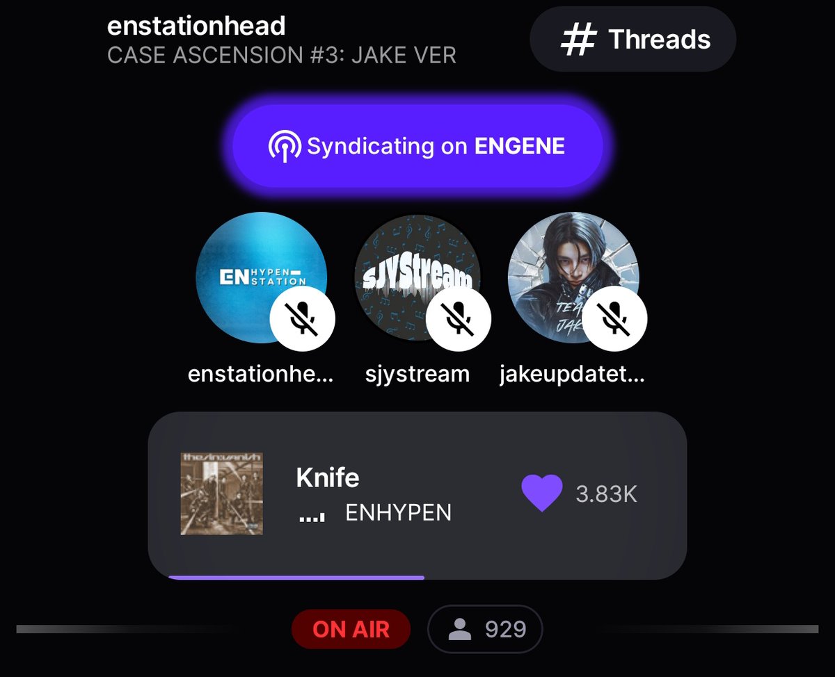 jakeupdateteam's tweet image. 🔴 𝗢𝗡 𝗔𝗜𝗥! 
𝗦𝗧𝗔𝗧𝗜𝗢𝗡𝗛𝗘𝗔𝗗 𝗣𝗔𝗥𝗧𝗬

Join us on the ENGENE channel with @ENHYPEN_Station and @SJYStream for 'Case Ascention #3 Knife #JAKE Ver' stream with us ☺️✨

🖇️ stationhead.com/c/engene

#JAKE #ENHYPEN_JAKE #제이크 #엔하이픈_제이크 #ジェイク @ENHYPEN_members…