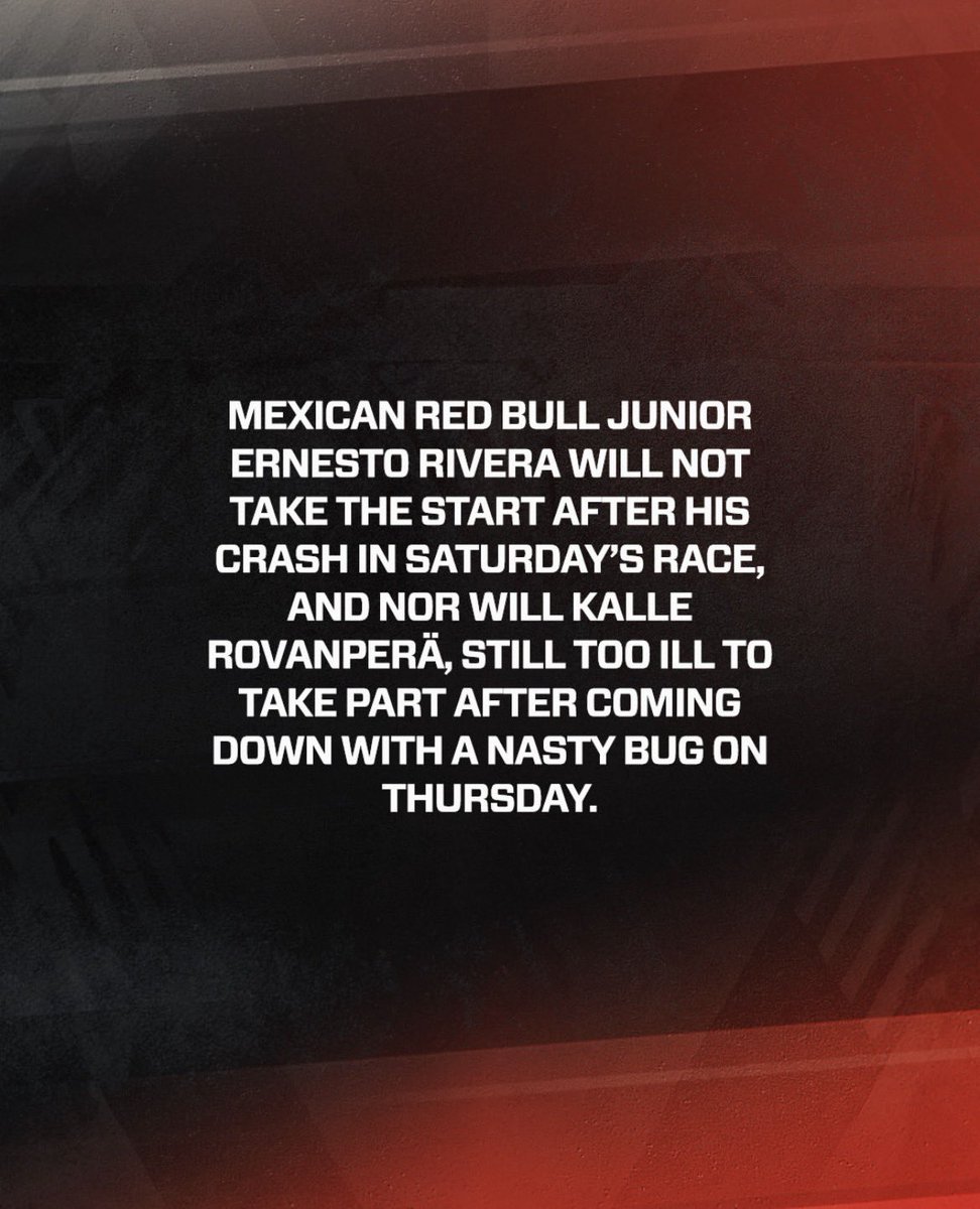 MissIndycar11's tweet photo. BREAKING 🚨:
Comunicado de la Fórmula Regional Oceanía:
“El mexicano Ernesto Rivera, piloto junior de Red Bull, no tomará la salida tras su accidente en la carrera del sábado, ni tampoco Kalle Rovanperä, que todavía está demasiado enfermo para participar tras contraer una gripe desagradable el jueves”.
Lamentablemente ni Ernesto ni Kalle tomarán parte del Gran Premio de Nueva Zelanda que cierra la temporada del CTFROT.
Les deseamos a ambos una pronta recuperación.
-💙