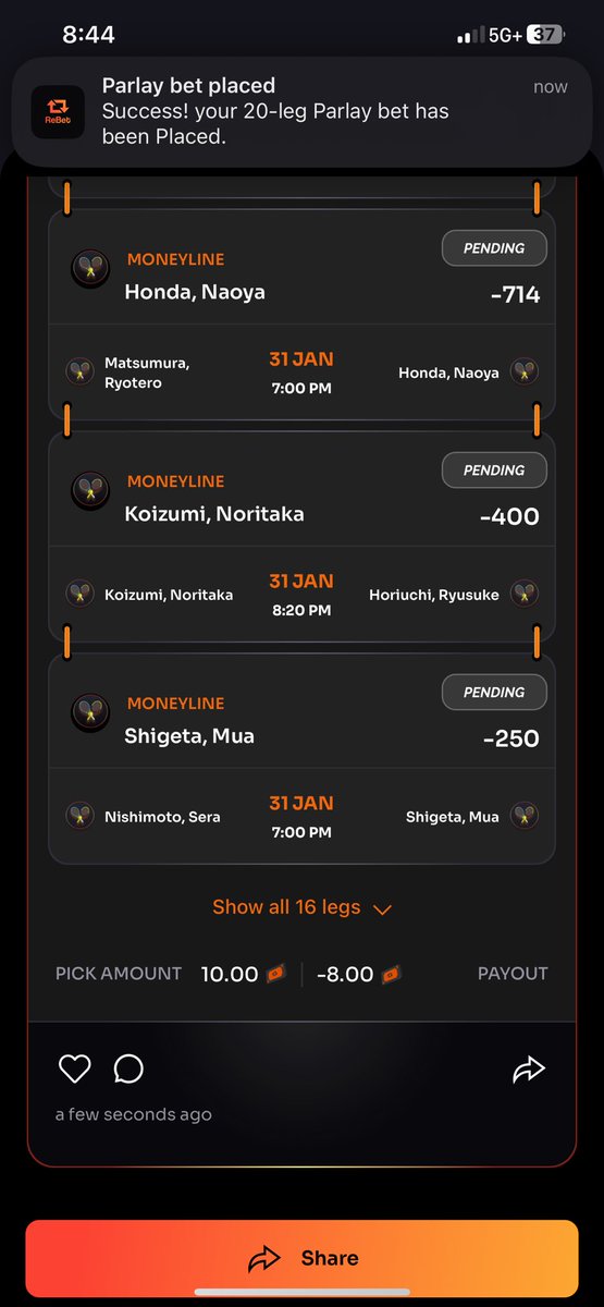 Only on <a href="/rebetapp/">ReBet</a> can you make a $10 bet on a 20 leg parlay and it pay $-8 - I’ve reached out to support thought they have answered none of my issues so far - <a href="/liamtass12/">Liam Tassiello</a> <a href="/EdwinOnyango8/">Edwin Onyango</a> (deciding to copy two of the founders so that maybe there’s a fix)