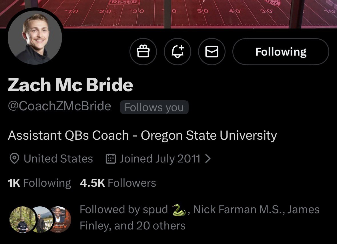 Oregon State has hired Zach McBride as an assistant QBs coach per his social media <a href="/Beavers_Edge/">BeaversEdge.com</a>