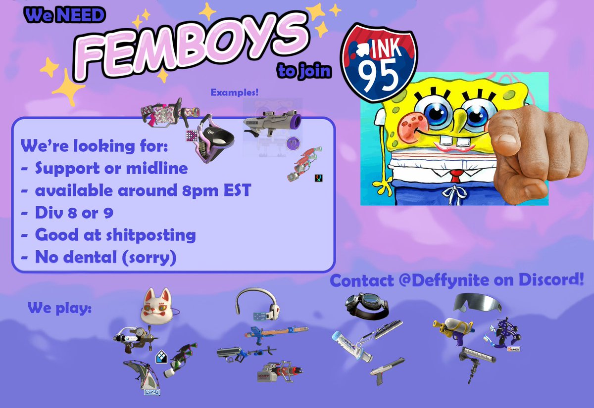 Ink95Team's tweet photo. 🦑Ink»95 is looking for a +1 for the LUTI season!
If you're interested, DM us or contact @ Deffynite on discord.
See more info below! ⤵️ (p.s. recruitment is not limited to femboys)
#Splatoon3 #Splatoon #SPLUTI https://t.co/uCN5lQbAUC