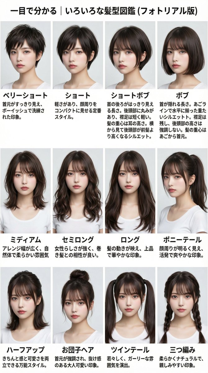 minaduki_esola's tweet image. 髪型図鑑
みんなはどれが好き？
#SFW #ヘアーアレンジ #髪型