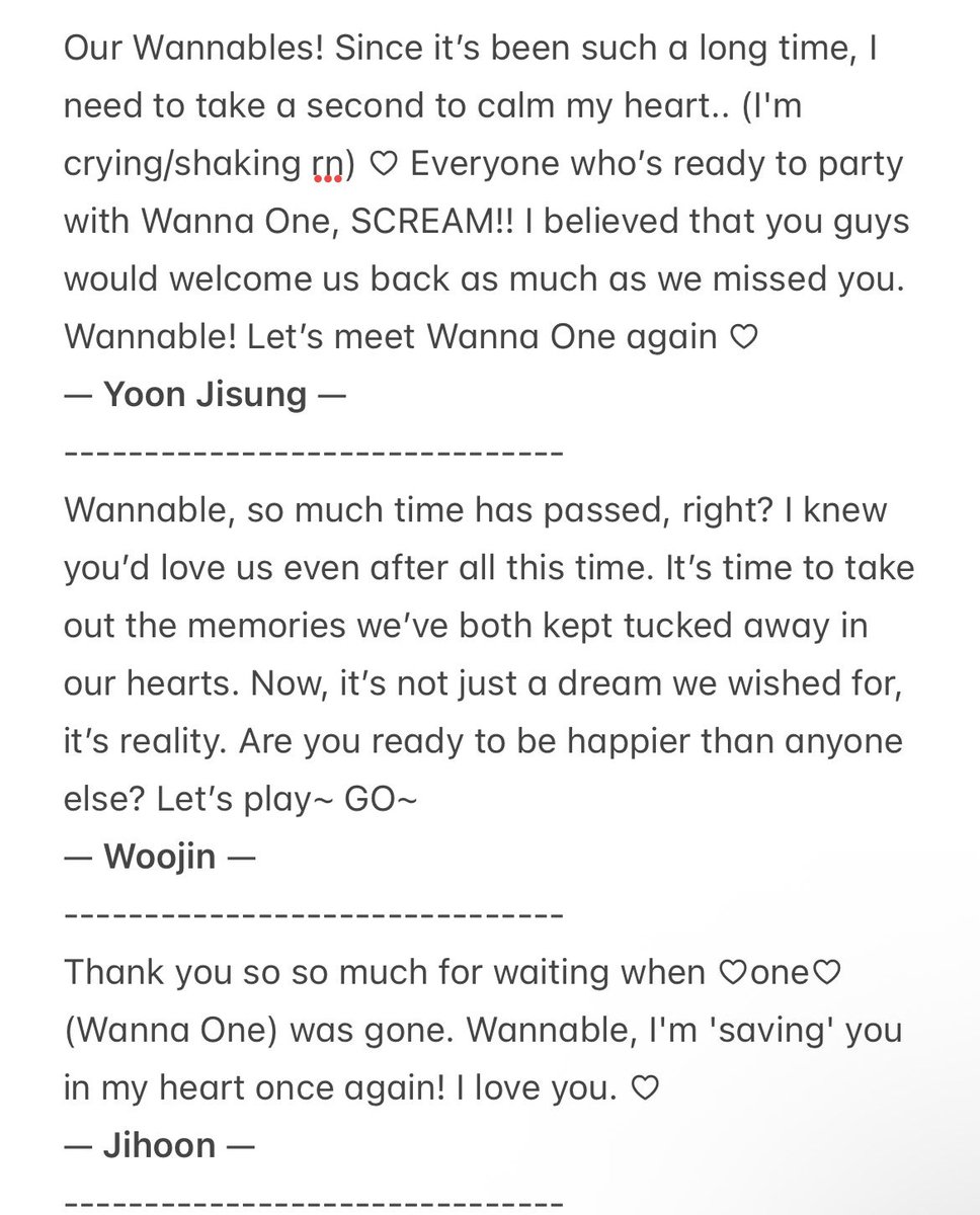 WANNABOND's tweet image. 260201 Wanna One's messages to Wannable!

#윤지성 #하성운 #황민현 #옹성우 #김재환 #강다니엘 #박지훈 #박우진 #배진영 #이대휘 #라이관린

#WANNABOND #WannaOne #워너원