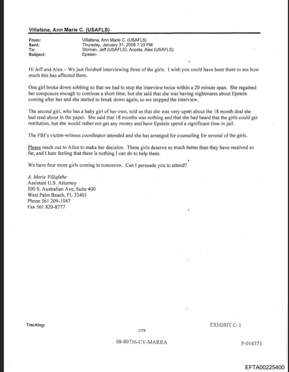 Marie Villafana was the state prosecutor who actually interviewed Epstein’s victims as they broke down sobbing. She went to bat for survivors. 

She went directly to Acosta, pleading for action.

The trauma was documented. The fear was documented. The urgency was documented.

And