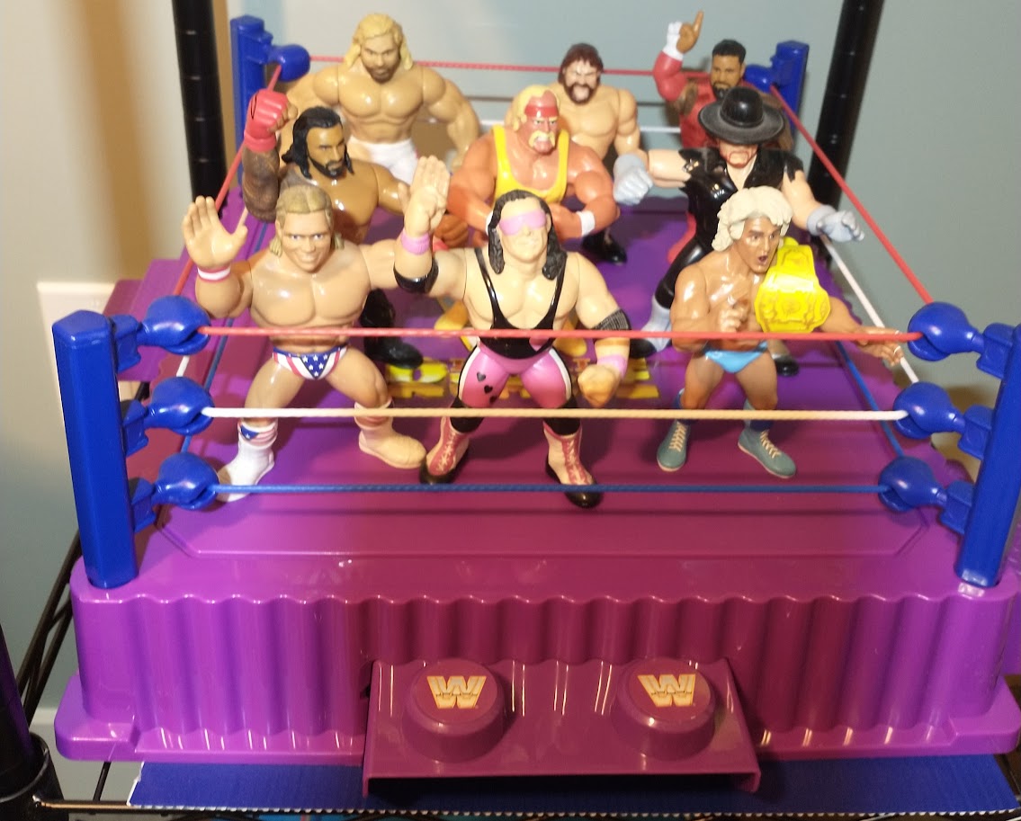 My office/hobby room includes a WWE Mattel retro Royal Rumble ring with some winners of past years Rumbles. #RoyalRumble #WWFHasbro #WrestlingHistory #ItsNotFairToFlair