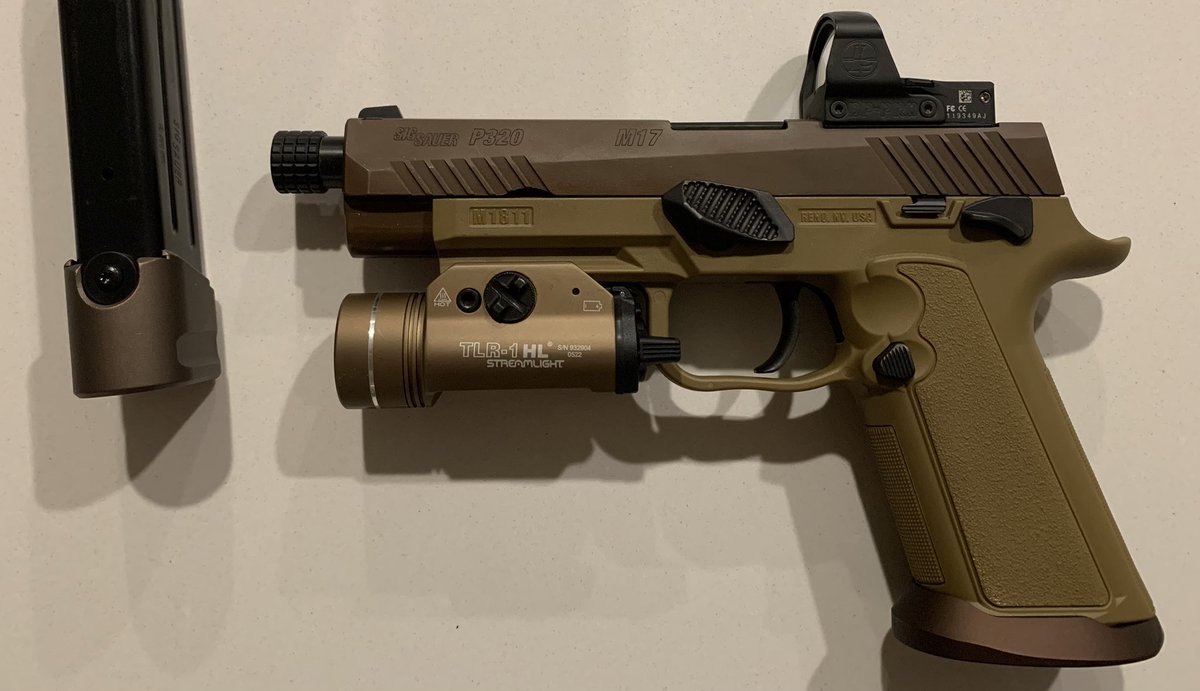 PendragonFc's tweet photo. Final build of my @sigsauerinc M17:
Brouwer went above &amp; beyond to help me finish this build!
- @brouwer_llc M1811 Grip Module &amp; Magwell
- @streamlightinc TRL-1 HL
- @leupoldoptics DPP
- @gogunusa Gas Pedal
- @backuptactical Threaded Barrel
- @warnescopemounts Extended Base Pad https://t.co/PRs8P8u04F