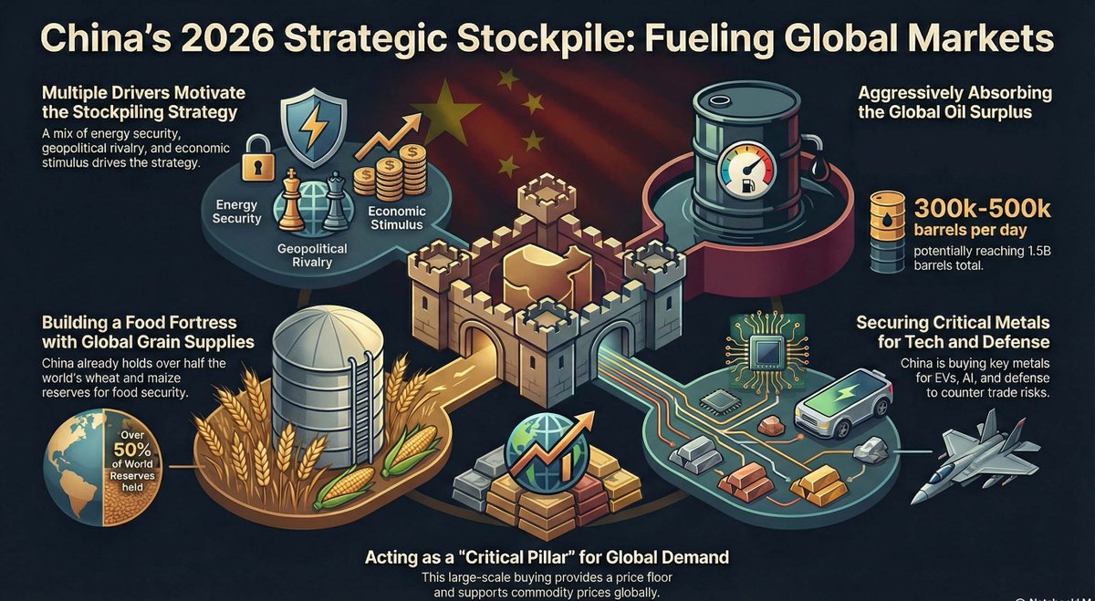 simonnextclick's tweet image. Recent analysis suggests that China will maintain its aggressive commodity stockpiling strategy throughout 2026 to bolster national security and navigate geopolitical tensions. The nation plans to significantly increase its crude oil reserves, potentially reaching a capacity that…