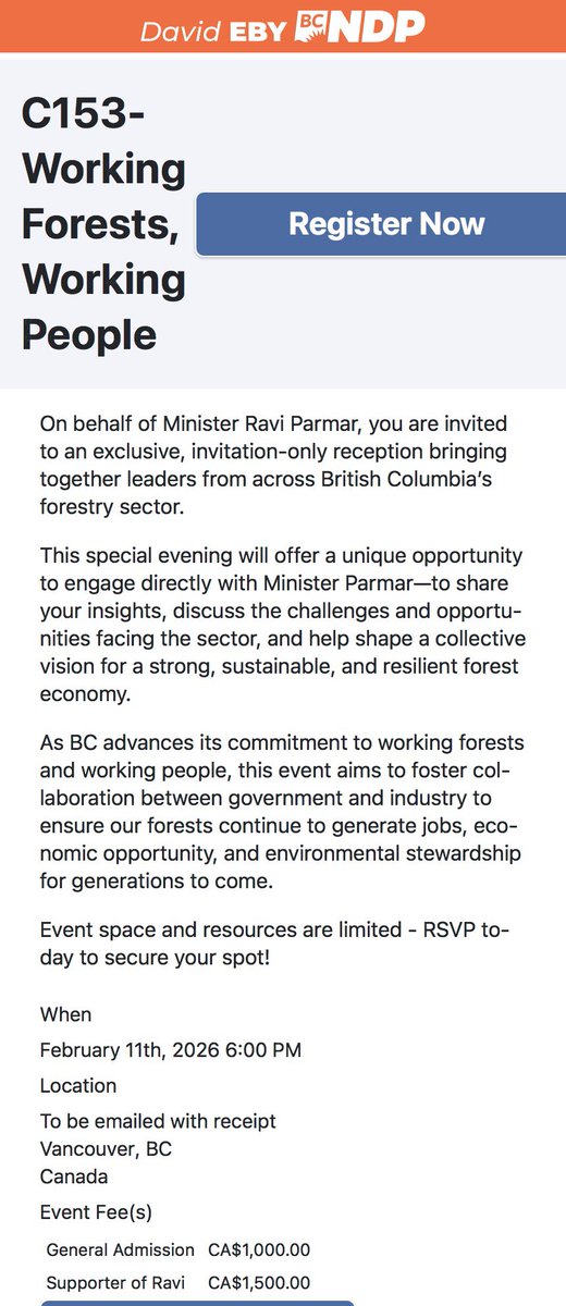 Sneaky: the <a href="/bcndp/">BC NDP</a> #cashforaccess fundraiser aimed at taking money from lumber lobbyists is a hidden link — not on the party’s public facing website. #bcpoli