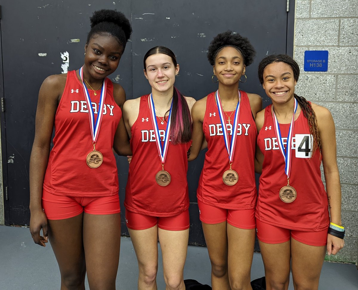 The girls 4 x 800 meter relay team of (pictured from left) Kezia Amartey (2:41.58), Maya Winkowski (2:52.56), Sage Cobb (3:14.58) &amp; Sasha Capelle (2:45.28) finishes 3rd at NVLs. Maya &amp; Sage post personal records (PRs). Kezia records a season best. Maya, Sage &amp; Sasha are freshmen.