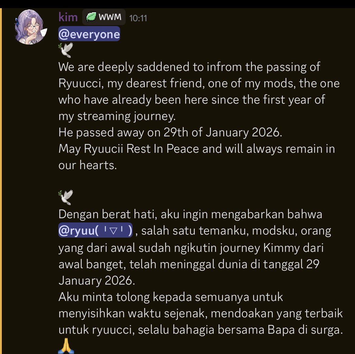 Rest in peace my dearest friend. Tahun lalu kita gak jadi ketemu. I already missed you. 🥹 <a href="/Ryuucci12/">Ryuucci (りゅち)</a> 
Bersyukur banget aku ketemu kamu, yang dari dulu selalu support aku. 🥹
Kamu belum sempet debut, uciw. 💔
