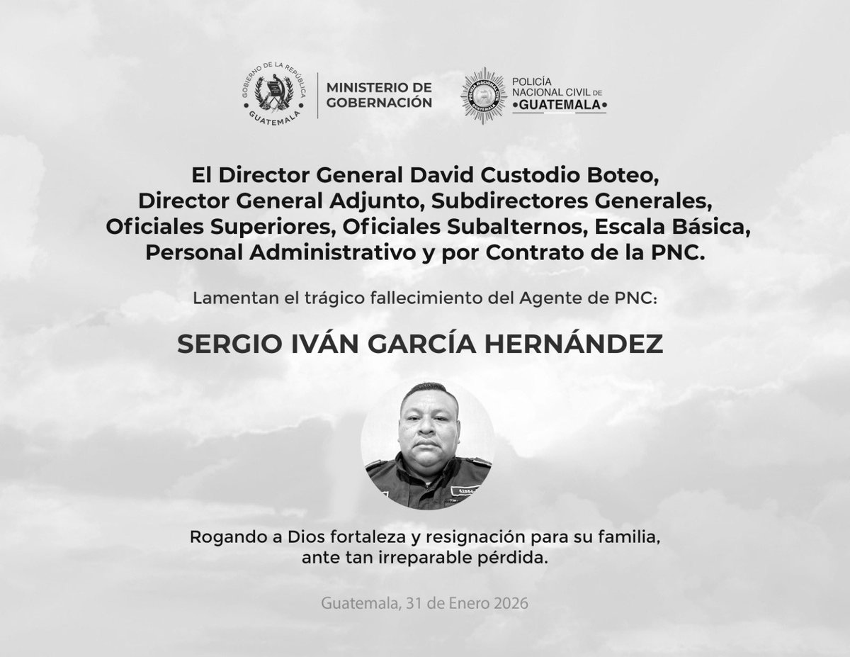 La Policía Nacional Civil lamenta el trágico fallecimiento del Agente de PNC, Sergio Iván García Hernández. Rogando a Dios, fortaleza y resignación para su familia, ante tan irreparable pérdida.