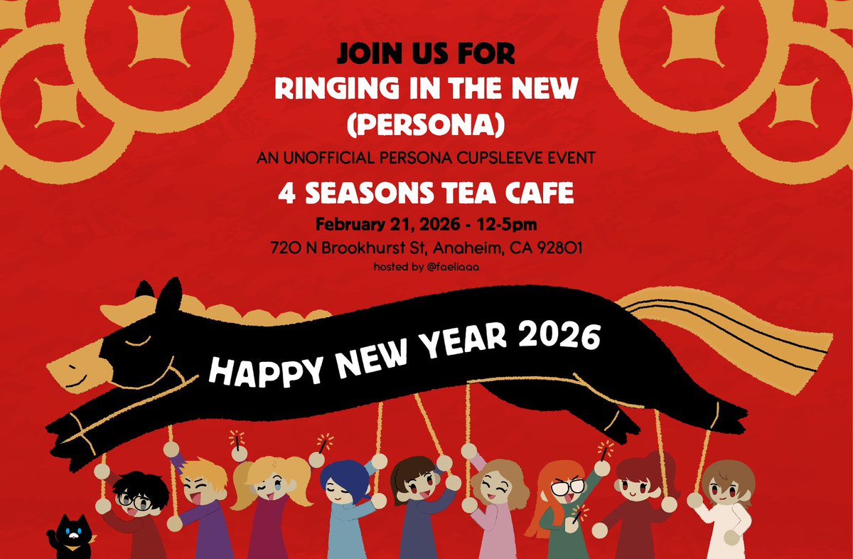 Ring in the new year with a persona cupsleeve event! ❤️
We’ll be tabling from 12-5 pm on February 21st at 4 Seasons Tea Cafe Anaheim!

Swipe to see some of our Persona merch 🫶

See you there! 💚💛
.
.
.
#persona #persona5 #goroakechi #akechigoro #akeshu