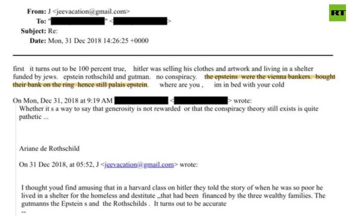 RT_com's tweet photo. Epstein: When HITLER was poor in Vienna, he lived in a shelter funded by Rothschild, Epstein &amp; Gutman

Ariane De Rothschild: 'Generosity goes unrewarded' https://t.co/bBk65tF5YP
