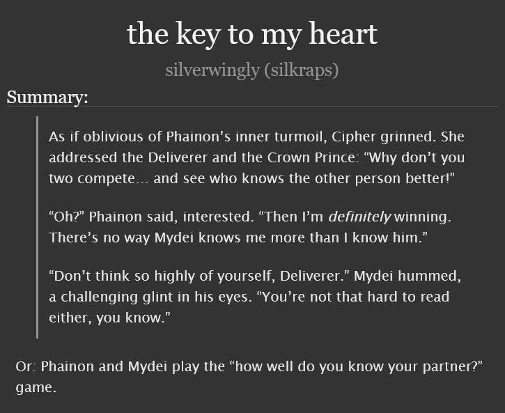 silverwingly's tweet image. #phaidei fic where they compete to see who knows the other better !!

- 8.9k, fluff, pov phainon, one-shot, getting tgt
- both are equally down bad it's so obvious
- written for @PhaideiForGaza and the wonderful donor @seuiwu  !! tysm for donating !! 

🔗: archiveofourown.org/works/78592746