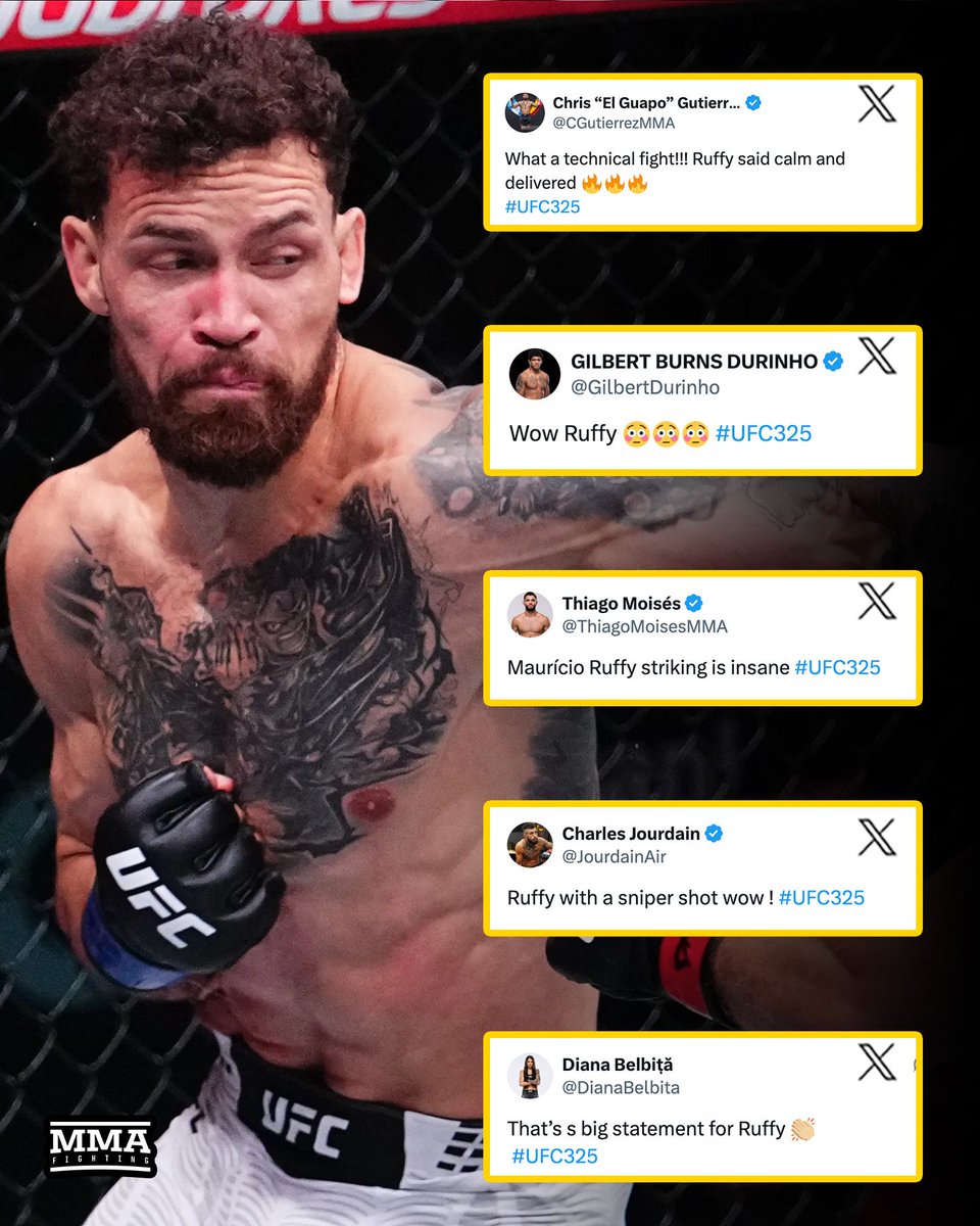 MMAFighting's tweet image. The MMA world reacts to Mauricio Ruffy's violent win over Rafael Fiziev at #UFC325