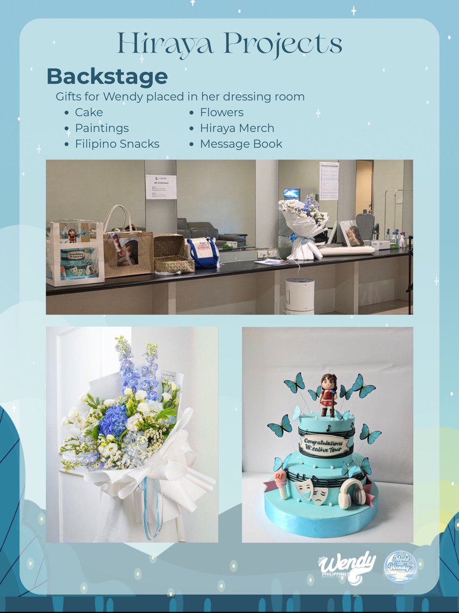 [🩵🦋Hiraya Projects🦋🩵]

📍BACKSTAGE

Gifts for Wendy placed in her dressing room

Cake (Sponsored by: <a href="/wenreneph_union/">WenRene PH Union</a>)
Paintings
Filipino Snacks
Flowers
Hiraya Merch
Message Book

#WENDY_WORLDTOUR_IN_MNL #WEALIVE_IN_MANILA