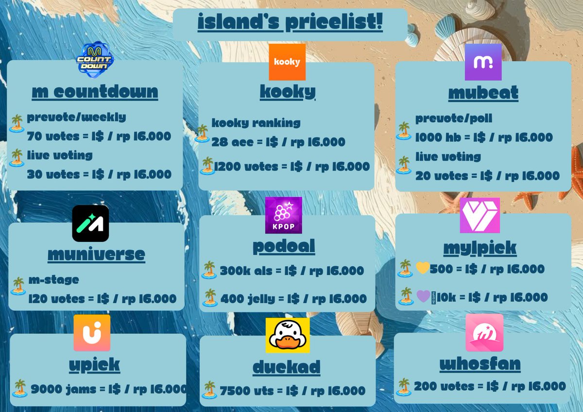 kpopvoteisland_'s tweet image. 🏝️ AVAILABLE FOR SALE/RESERVATION🏝️

ᯓ➤ Mnet+
ᯓ➤ Whosfan
ᯓ➤ Kooky
ᯓ➤ Muniverse
ᯓ➤ Upick
ᯓ➤ Duckad
ᯓ➤ Podoal
ᯓ➤ My1pick
ᯓ➤ Mubeat

wtb wts jual beli buy sell lfb lfs kpop vote mcd my1pick blue gold purple heart als jelly upick jam jams vts prevote live heart beat