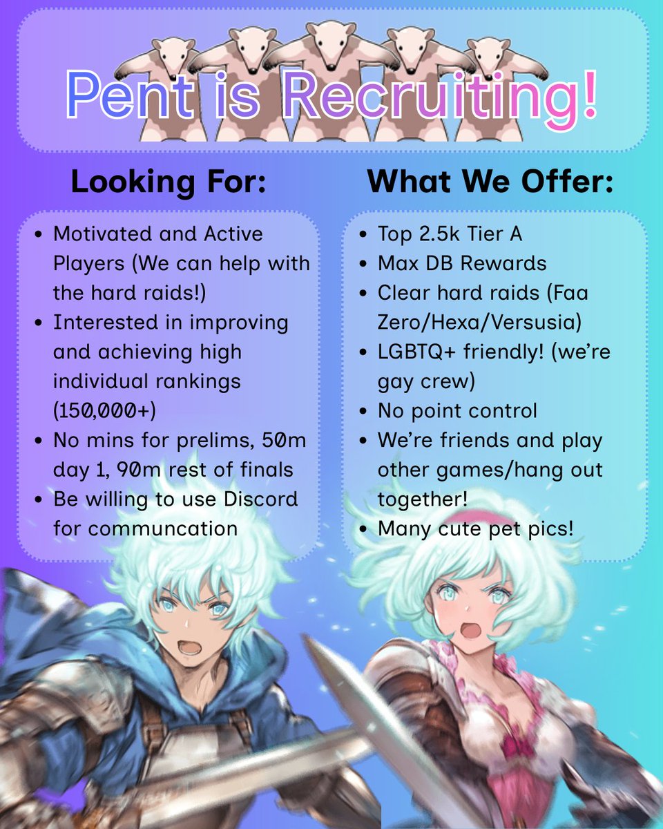 pent, our gbf crew is recruiting! 
if you're interested or have any questions please message me here or on my discord (taizidainxia)