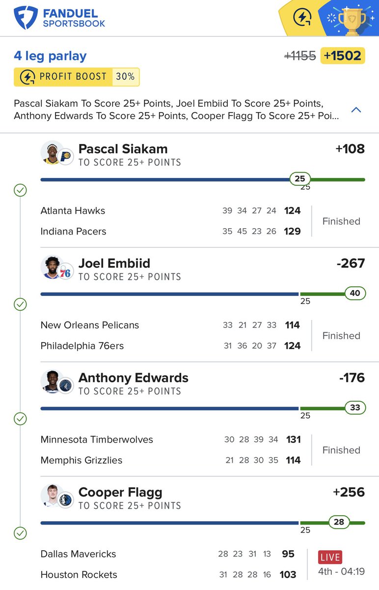 RBsSportsPlays's tweet photo. $100 to Someone Who LIKES this Tweet 🔔

BANGGGGGGGGGG

WE JUST CASHED OUT #Gambling𝕏 

NBA +1502 LOTTO✅✅✅

Pascal Siakam 25+ Points✅
Joel Embiid 25+ Points✅
Anthony Edwards 25+ Points✅
Cooper Flagg 25+ Points✅

Collab @PotdPrizepicks 

SHOW ME THOSE TICKETS BABYYY 🕺🏻 https://t.co/LucquQcC23