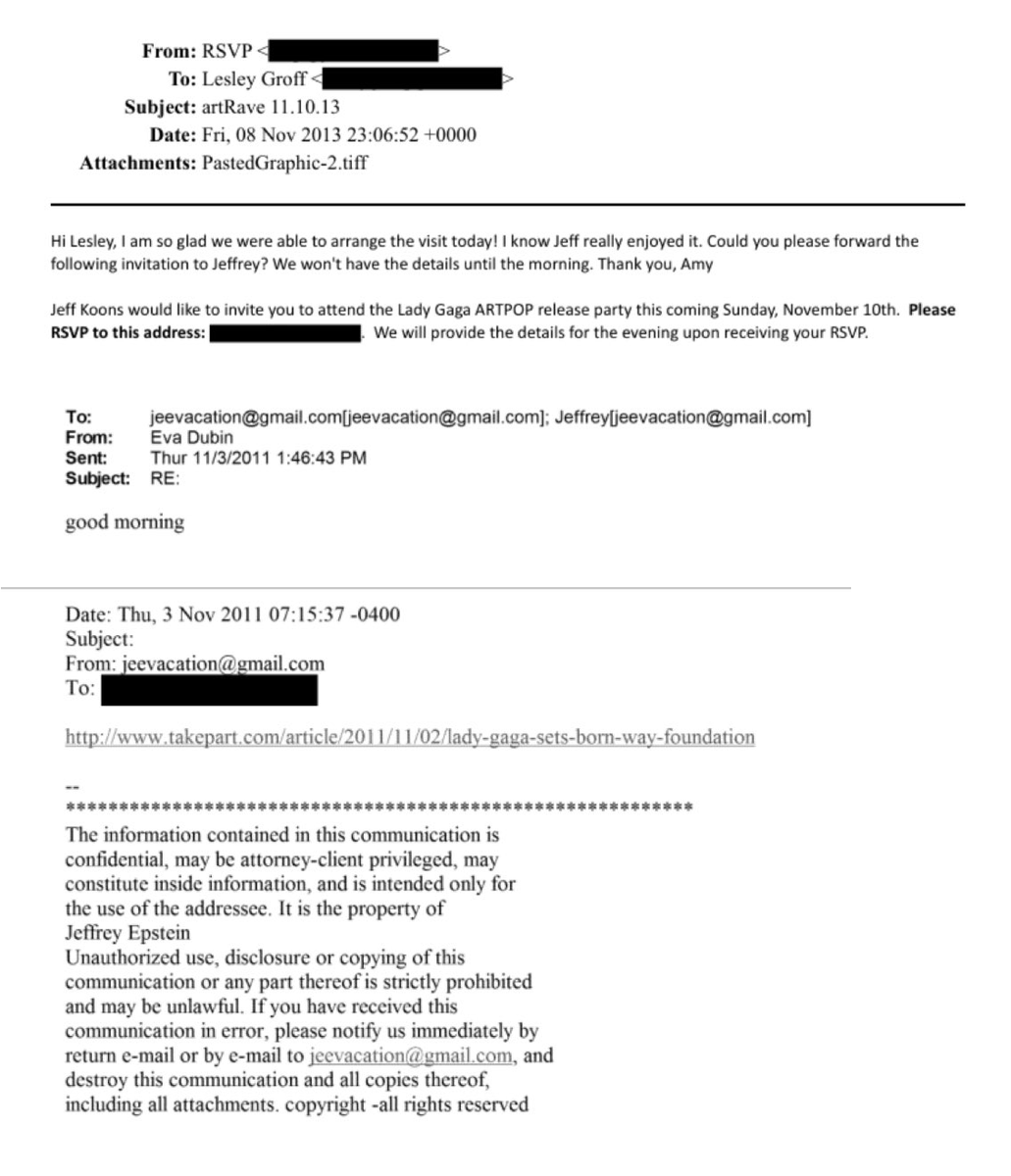 forumbunklr's tweet image. NOJENTO: Jeffrey Epstein estava supostamente perseguindo Lady Gaga. O financista tentou contatá-la diversas vezes durante a era "ARTPOP" e mostrou interesse na Born This Way Foundation. Não houve retorno de Gaga ou sua equipe aos emails de Jeffrey.